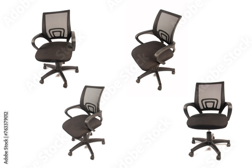 Collection of black office chairs isolated on white background