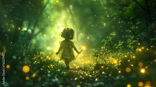 A whimsical scene: A young forest elf, wielding a wand amid stars, gracefully soaring in the enchanted forest.generative ai