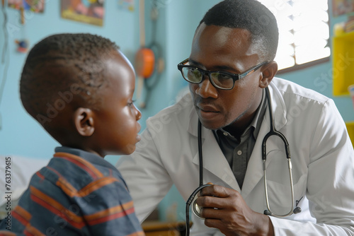 African male pediatrician hold stethoscope exam child boy patient