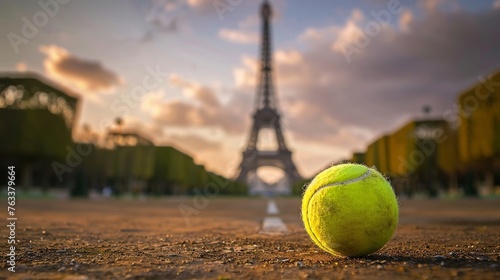 Tennis ball on the ground with the Eiffel Tower in the soft background