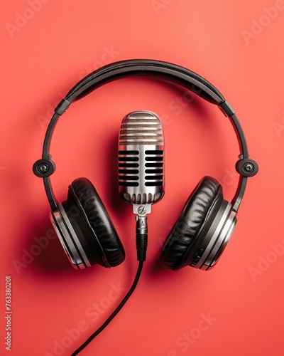 Vintage style microphone and headphones on a vibrant red background