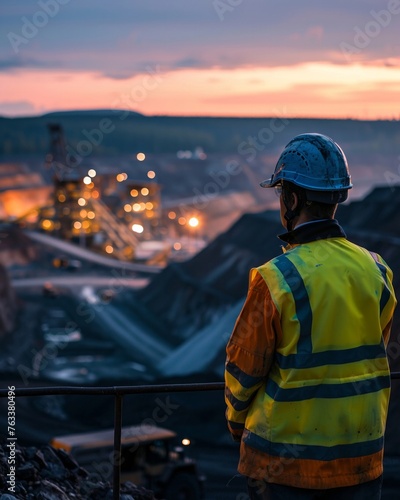 Rear view of a worker in highvisibility gear overlooking a mining operation at dusk © ParinApril