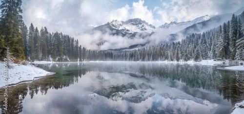 panoramic photo of a lake in the mountains with a reflection on the water taken during winter Generative AI © SKIMP Art