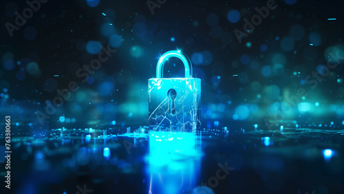 Cybernetic Safety: Blue-Lit Lock Icon in Blockchain Technology