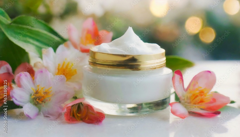 whitening and moisturizing Face cream in an open glass jar and flowers on white background whitening and moisturizing Face cream in an open glass jar and flowers on white background