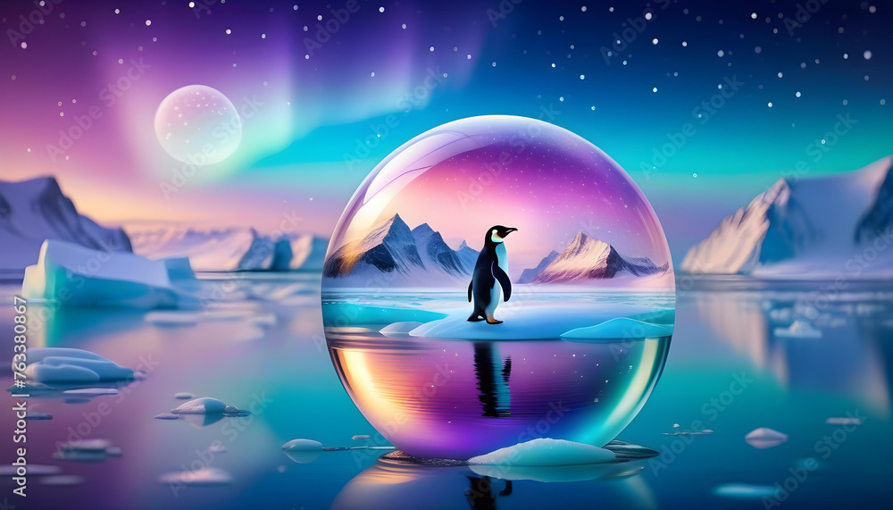A glass sphere with a penguin figurine surrounded by a winter wonderland scene with colorful background