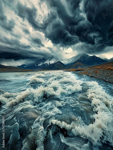 Tibetan plateau engulfed by a colossal tsunami, under stormy skies, wide-angle view, high contrast