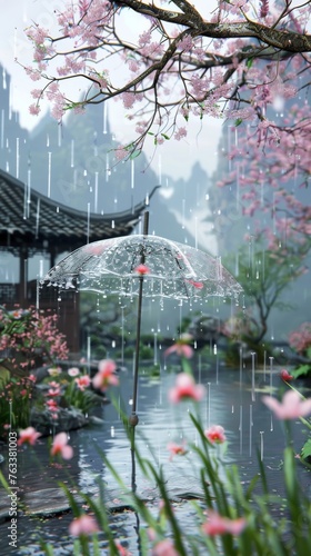 Crystal Clear Umbrella Spring Background, it is raining, there are spring flowers and bright green plants and there are mountains in the distance created with Generative AI Technology