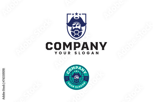 bearded pirate with ball shape logo design for soccer and football sport team