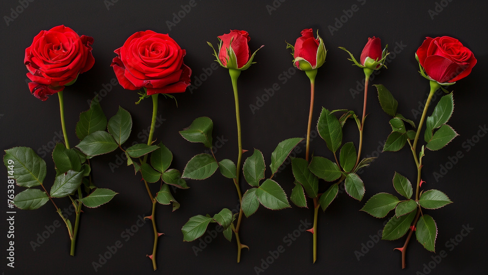 Naklejka premium Crimson Contrast: Red Roses on Black Background