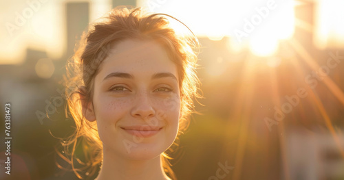 Closeup portrait of a young natural and pleasant looking young smiling woman,, behind her blurred cityscape and sun rays.
