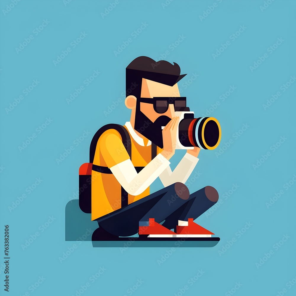 Cartoon Minimalist Flat Design Portraying a Skilled Photographer with a Professional
