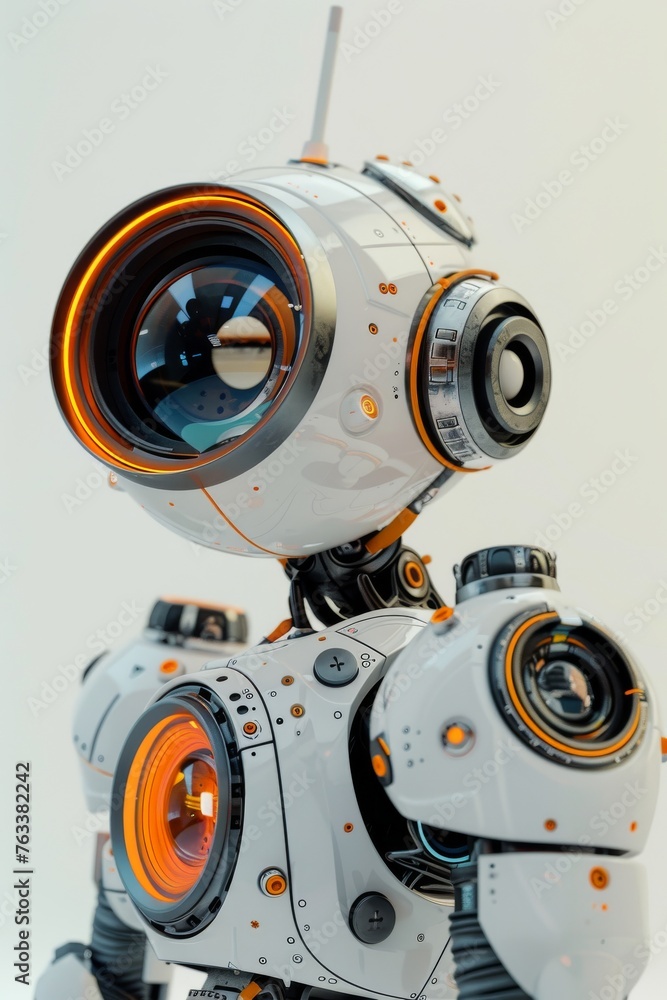 A 3D robot as a photographer, with a camera lens for an eye, capturing moments with a playful click and flash A 3D robot as a photographer, with a camera lens for an eye, capturing moments with a playful click and flash