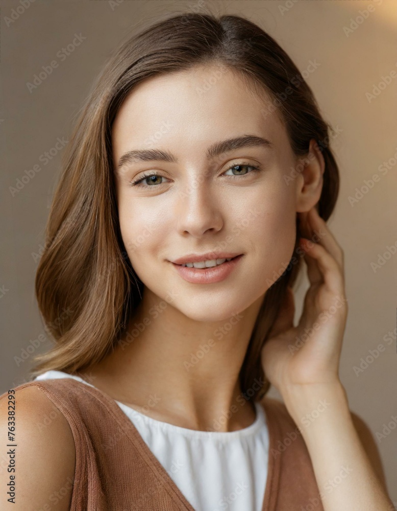 Studio portrait of adorable brunette woman with perfect skin posing with light smile at her face while spending time at the studio. Beauty and woman appearance concept Studio portrait of adorable brunette woman with perfect skin posing with light smile at her face while spending time at the studio. Beauty and woman appearance concept