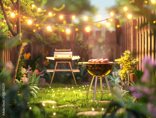 A 3D illustration of a backyard summer party with a cute barbecue grill and garden lights, perfect for a family summer theme photo