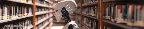 A 3D robot as a librarian, sorting and shelving books with meticulous accuracy, managing digital catalogs effortlessly photo