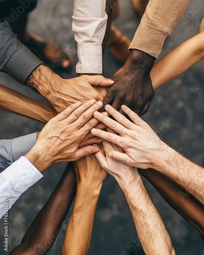 Overhead view of a team hands together in unity