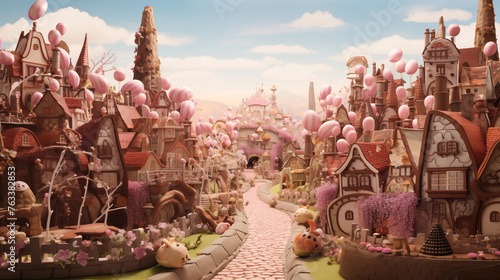 Enchanted Easter Village Adorned with Pastel Balloons and Spring Blooms. Generative AI