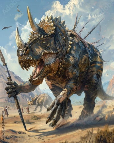A Carnotaurus as a Zulu warrior  its powerful build and horns adding to the ferocity of its charge