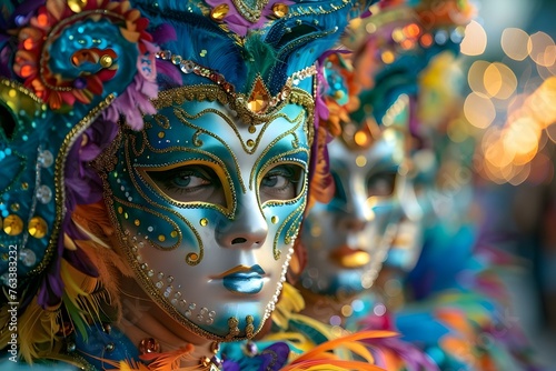 Colorful parade with masked participants celebrating amidst festive decorations and floats. Concept Festive Parade, Masked Participants, Colorful Decorations, Floats, Celebration © Anastasiia