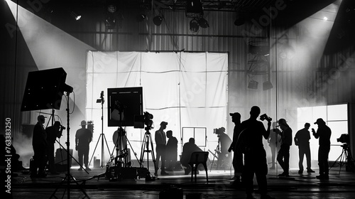 Silhouette of a film set with crew and equipment