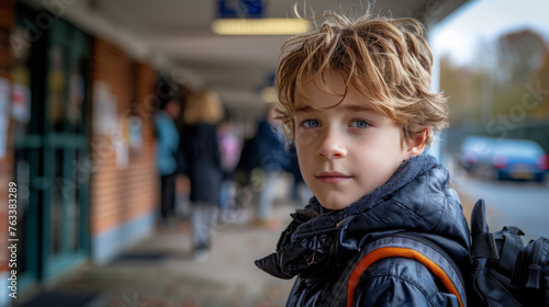 Wallpaper Mural Young schoolboy with a backpack waiting patiently outside a school building. Torontodigital.ca