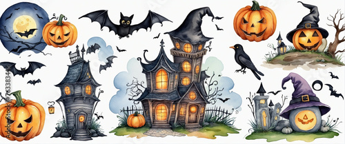 Set of fantasy watercolor happy Halloween Haunted house clipart