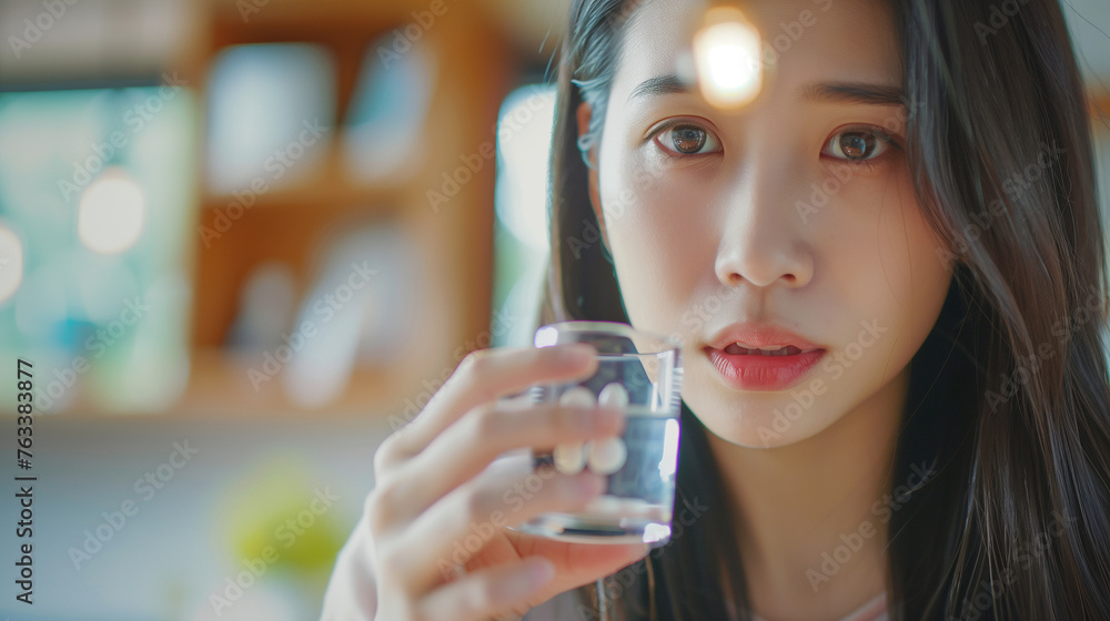 Sick, asian young woman, girl hand holding pill capsule, painkiller medicine from stomach pain, head ache, pain for treatment, take drug or vitamin and glass of water at home, pharmacy and health care Sick, asian young woman, girl hand holding pill capsule, painkiller medicine from stomach pain, head ache, pain for treatment, take drug or vitamin and glass of water at home, pharmacy and health care