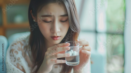 Sick, asian young woman, girl hand holding pill capsule, painkiller medicine from stomach pain, head ache, pain for treatment, take drug or vitamin and glass of water at home, pharmacy and health care photo