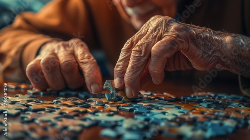A concept image of a financial asset puzzle, with the last piece being placed by a retiree, completing the retirement security picture photo