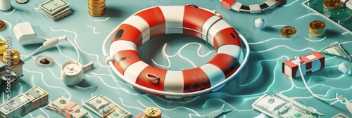 A concept art of a retirement life buoy, supported by various financial assets, symbolizing safety and security in retirement