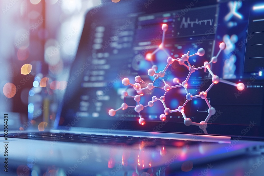 Digital visualization of a breakthrough medications molecular structure on a laptop in a lab copy space Digital visualization of a breakthrough medications molecular structure on a laptop in a lab copy space