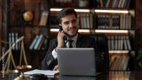 Smiling young man lawyer, notary works in the office at the laptop, talks and consults on the phone with clients