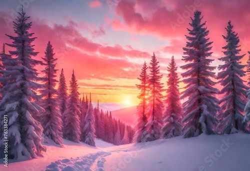 winter landscape wallpaper featuring a pine forest blanketed in pristine snow, © Amelia Alex