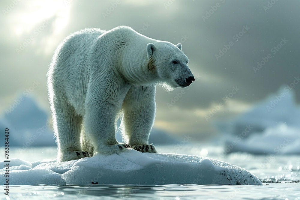 Polar bear on melting ice floe, stark contrast, Arctic setting, wide shot, cool-toned, dusk light