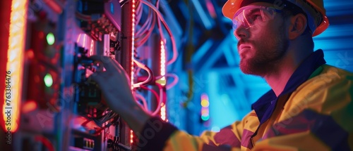 Man in safety attire expertly calibrates electrical systems, the backbone of industry automation