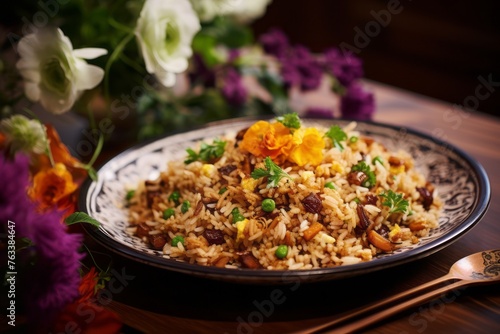 Hearty fried rice on a rustic plate against a floral wallpaper background