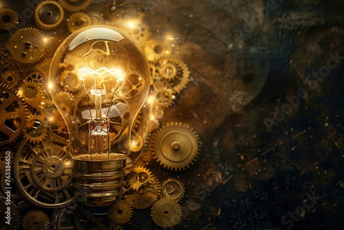 The brilliance of ideation, captured with a lightbulb and golden gears igniting thought