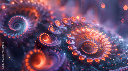 An artwork of glowing holo 3D spirals, with a shadowy expanse as the background, in a universe of hypnotic shapes