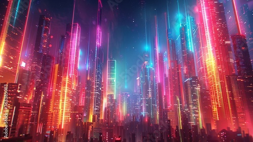 Witness the ascent of a futuristic cityscape adorned with colorful neon lines ascending into the skyline a vibrant testament to the fusion of urban life and technological advancement