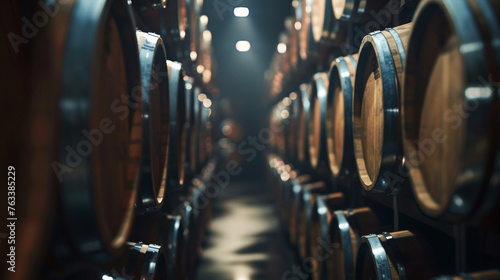 Barrels of wine in a wine cellar photo