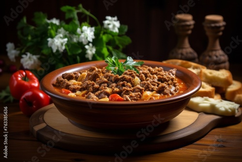 Juicy goulash on a wooden board against a floral wallpaper background