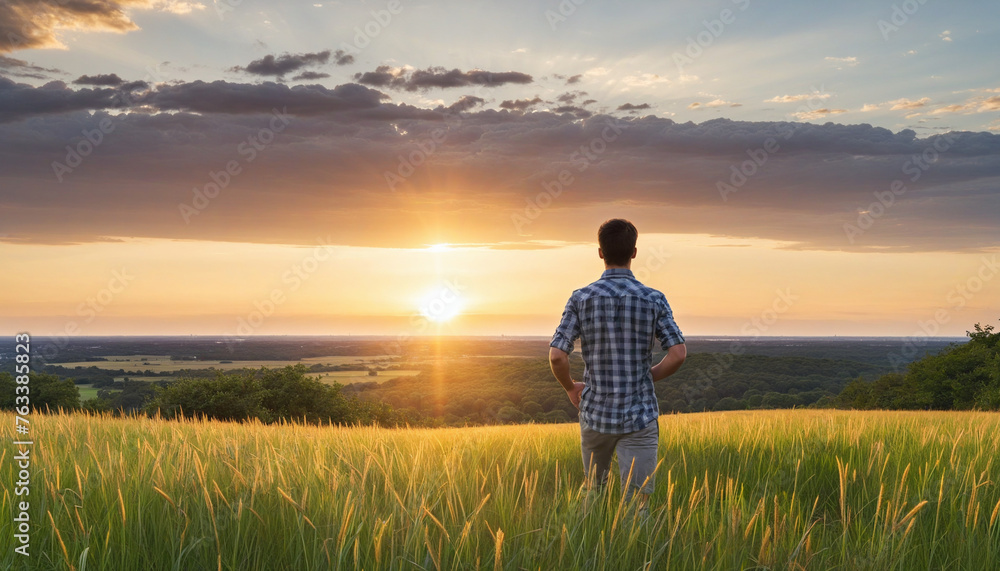 rear view carefree freedom successful male standing confident looking at the end of skyline in the grass field meadow landscape summertime sunset moment nature background rear view carefree freedom successful male standing confident looking at the end of skyline in the grass field meadow landscape summertime sunset moment nature background