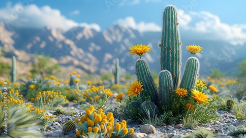 cacti flowers bloom, Tranquil Desert Landscape: A Perspective of Resilient Cacti and Shimmering Heat Waves