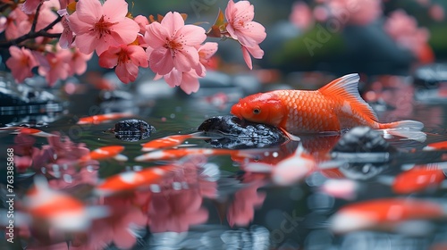 Koi Ponds and Water Gardens ,Tranquil Japanese Spring in an Ancient Garden of Cherry Blossoms and Koi Pond