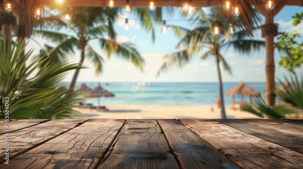 Empty wide table top wooden bar with blurred beautiful beach