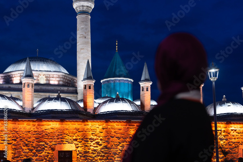 Mevlana Celaleddin Rumi Tomb and Mosque (Mevlana Türbesi ve Cami) Night Lights Drone Photo, Mevlana Konya, Turkiye (Turkey) photo