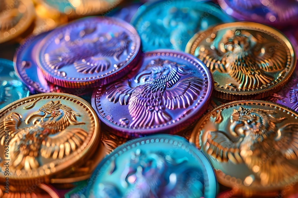 Colorful Mardi Gras doubloons coins from a krewe organization celebration parade. Concept Mardi Gras, Doubloons, Krewe, Celebration, Parade Colorful Mardi Gras doubloons coins from a krewe organization celebration parade. Concept Mardi Gras, Doubloons, Krewe, Celebration, Parade