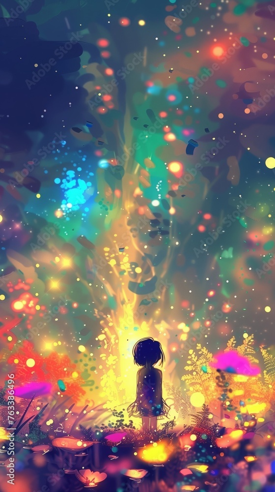 Child in awe of a fantastical forest ablaze with vibrant colors and light - obrazy, fototapety, plakaty 