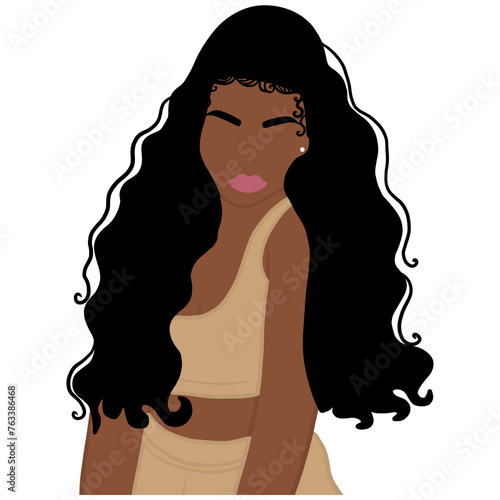 Wavy Hair Black Woman, African American pretty girl. Female portrait. Black beauty concept. Vector Illustration of Black Woman. Great for avatars. Fashion, beauty